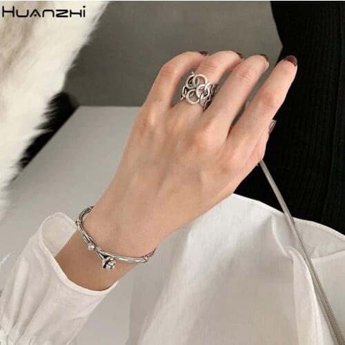 HUANZHI 2020 Multilayer Irregular Circle Tibetan Silver Rings Exaggeration Punk Style Open Ring for Cool Guys Girls Jewelry