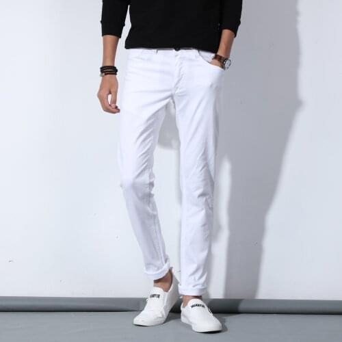 2020 New Autumn Mens Pure White Cotton Jeans Fashion Casual Slim Stretch Pants Male Brand Clothes