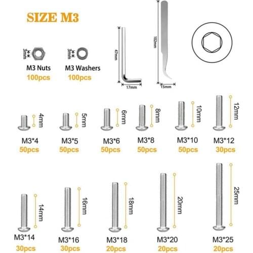 570pcs/Set M3 Screws Nuts Kits Set Stainless Steel Hex Head Socket Screws and Nuts Assortment+2 Hex Keys Fastener Hardware