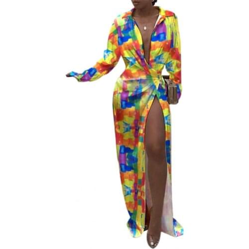 Sexy Women Maxi Dress High Split Hem Stripe Print Long Sleeve Plus Size Lapel Mopping Dresses Party