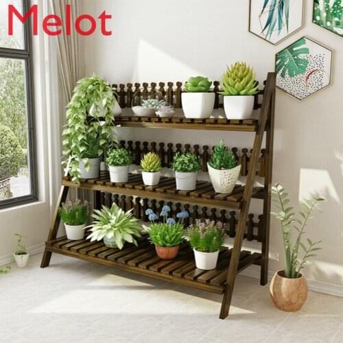 Flower shelf multi-storey indoor living room balcony solid wood flower pot rack floor-standing folding space flower stand