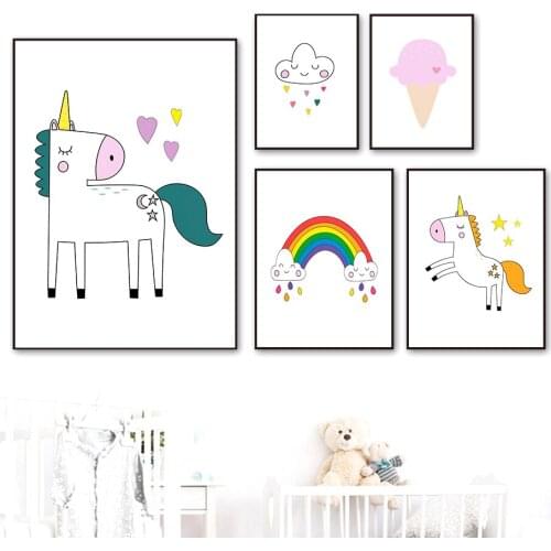 Rainbow Cloud Rain Unicorn Ice Cream Nordic Posters And Prints Wall Art Canvas Painting Cartoon Wall Pictures Kids Room Decor