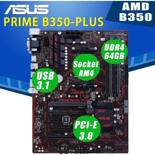 Socket AM4 Asus PRIME B350-PLUS Motherboard DDR4 64GB AMD Ryzen PCI-E 3.0 M.2 Desktop AMD B350 Placa-Mãe AM4 Gaming ATX Used