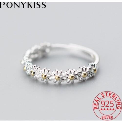 PONYKISS 100% S925 Sterling Silver small daisy adjustable Ring for Women Fine Jewelry Accessory Girl Party minimlist Gift