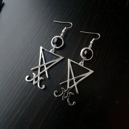 Lucifer Sigil Earrings, Gothic Satanic and Elegant Earrings,Seal of Satan, Dark Occult Nu Goth Danging Earrings with Black Beads