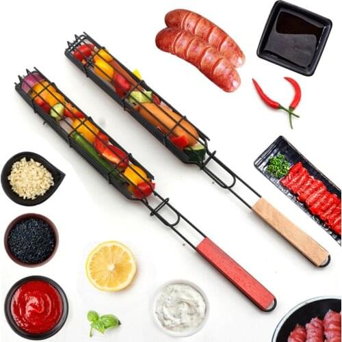 Barbecue net hot dog barbecue cage sausage grill clip barbecue clip net wooden handle grill grilling basket