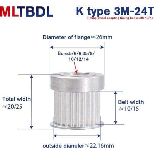 3M 24T Timing Pulley 5/6/8/10mm Bore Gear Pulley 3mm Pitch 10/15mm Belt Width K type Aluminum Synchronous Timing Belt Pulleys