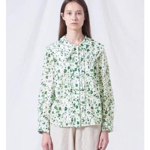 Women Shirt 2021 Autumn Green Floral Print Lapel Single-breasted Loose Shirt Doll Collar Long Sleeve Top Women