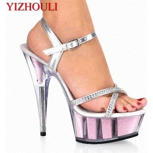 Promotion 15cm women fashion pink flowers for wedding shoes 2018 classic Platforms shoes 6 inch Crystal shoes