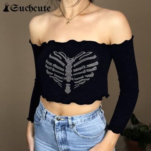 SUCHCUTE Heart Rhinestones Women Slash Neck Cropped Tops Goth Aesthetic Sexy Off Shoulder Slim Black T-shirts Punk Streetwear
