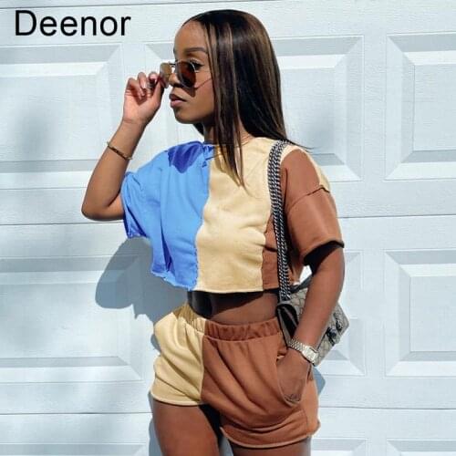 Deenor Summer New Color Blocking Casual Sweater and Shorts Set Casual Style Sets Women Fashion 2pcs Sports Clothing