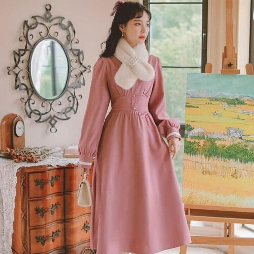 Fall/Winter V-neck Temperament Korean Goddess Dress Robe Femme Plus Velvet Sweet Dress Y2K Womens Clothing 2021 With Fur Collar
