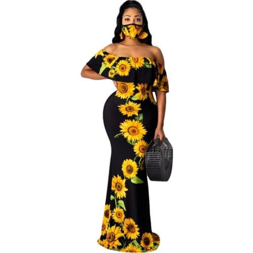 S-XXL Ruffle Plain Floral Printed Off Shoulder Bodycon Long Party Maxi Dress