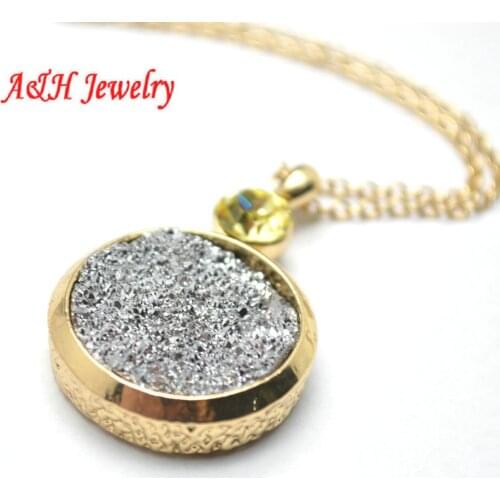 1pc High Quality Natural Drusy Stone Pendants Silver Plated Black And Orange Plated 16'' Chain Fashion Women Necklace