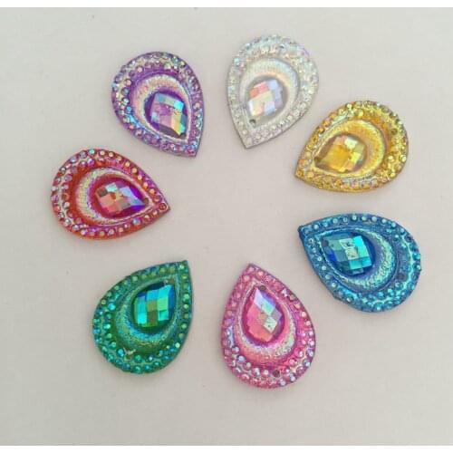 100PCS AB Resin 13*18mm Teardrop Peacock eye Flatback Rhinestone Scrapbook DIY Wedding 2 Hole Appliques Ornaments SC56*2