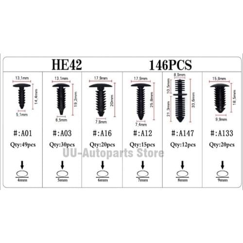 146 Pcs Universal Car Trunk Boxed Rivets Plastic Clamps Molding Fasteners Clips