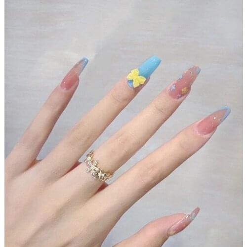 24pcs Bow Flower Printed Nail Patch Glue Type Removable Long Paragraph Fashion Manicure Save Time False Nail Patch SK88