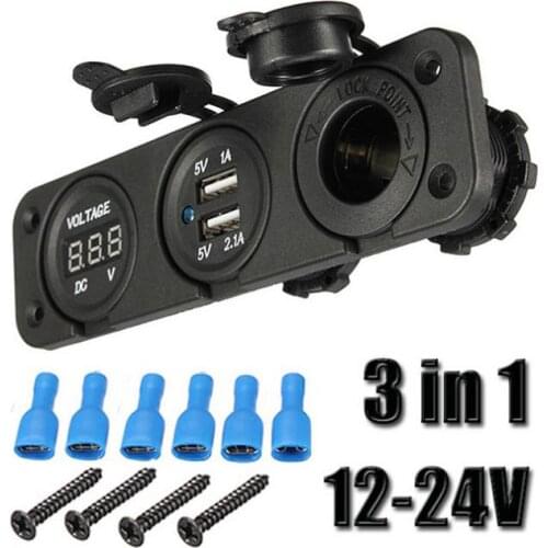 Car Blue Dual USB Charger 12V/24V Adapter Digital Voltmeter Cigarette Lighter Socket LED Light Power Outlet Fit for iPod Mobile
