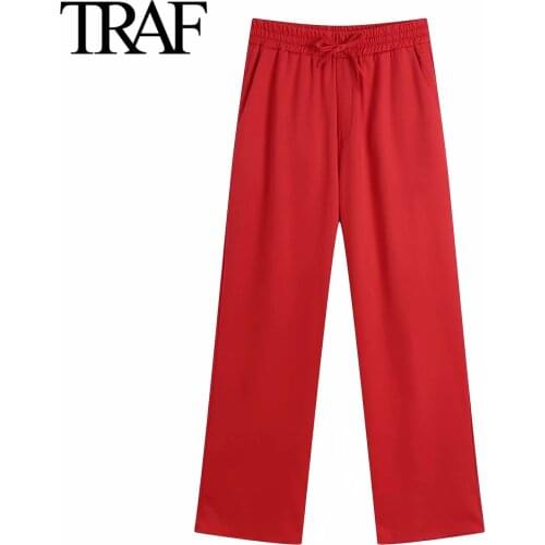 Traf Za Women Clothing 2021 Spring Autumn Trousers Pants Chic Casual Wide Leg Pants Elastic High Waisted Straight Pants