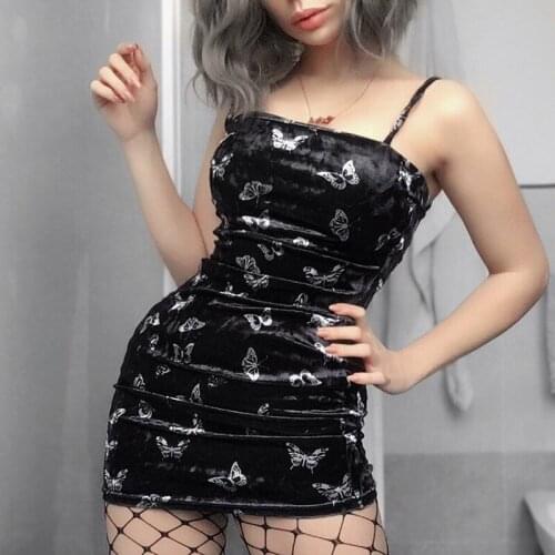 Harajuku Black Dress Women Gothic Spaghetti Strap Backless Off Shoulder Dresses Female Fashion Casual Print Sexy Dress