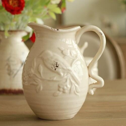 Home Furnishing Decor American country crack retro white ceramic vase embossed flower bird grain milk pot special offer