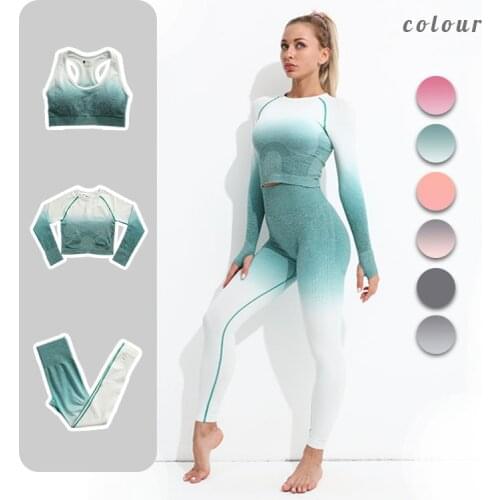 GUTA Gradient Yoga Set Gradient Sportswear Breathable Running Suit Fitness Clothing Women Gym Leggings Workout Clothes 3 pcs/Set