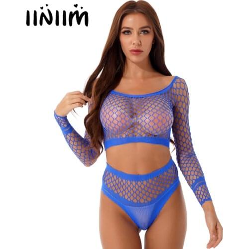 Womens Hot Lingerie Set Hollow Out Fishnet Outfits See-through Underwear Nightwear Off Shoulder Long Sleeve Crop Top with Briefs
