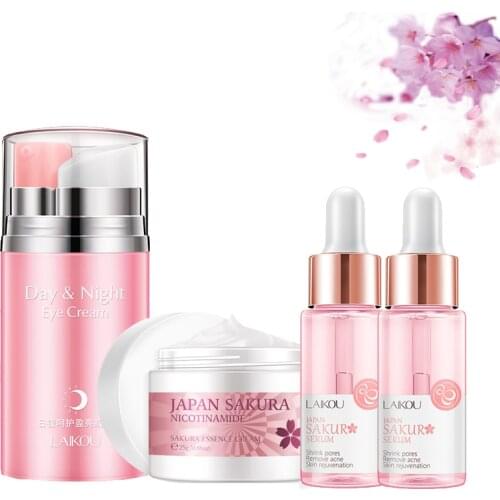 LAIKOU Japan Sakura Face Cream Repair Dry Skin Brighten Tone Face Serum Day & Night Eye Cream Moisturizing Skin Care Set