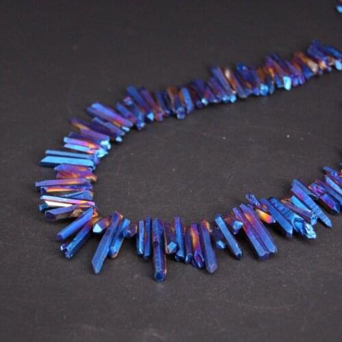 15.5"strand Titanium Blue Raw Crystal Quartz Top Drilled Point Loose Beads,Natural Crystal Stick Pendants DIY Jewelry Making