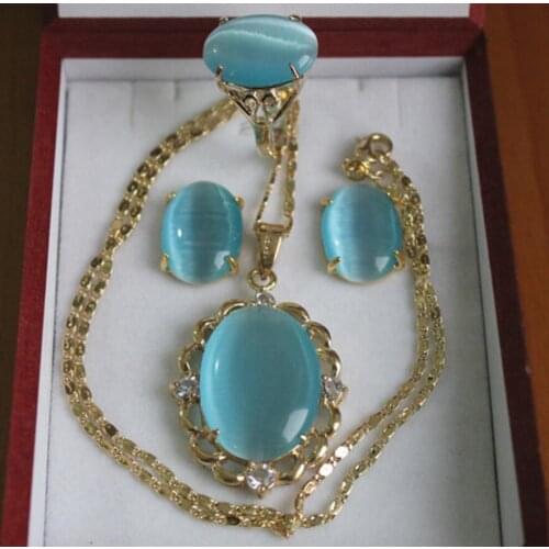Wholesale elegant 18kgp Inlay sky blue opal pendant necklace earring & ring jewelry set jade