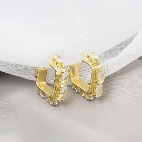 Origin Summer Temperament Gold Square Cubic Zircon Hoop Earring for Women Girls Gold Color Rhinestone Geometric Earring Jewelry
