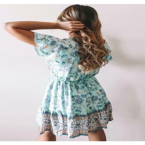 Dress Women Summer V-Neck Flying Sleeve Bohemian Print A-Line Y2K Dresses Robe Femme Slim Mini Dress For Woman Vestido De Mujer