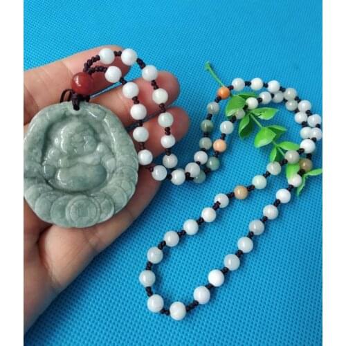 Natural jadeite Jade Pendant Happy God Amulet with Mala Bead Necklace Apotropaion