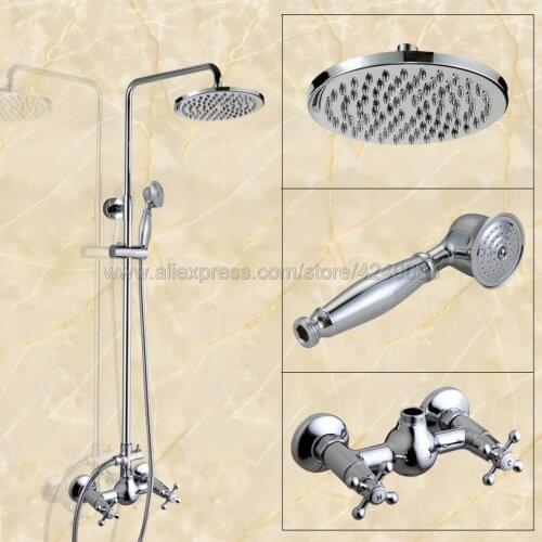 Polished Chrome Rainfall Shower Faucets + 8" Shower Head with handheld shower Double Cross Handles Wall Mounted Kcy304