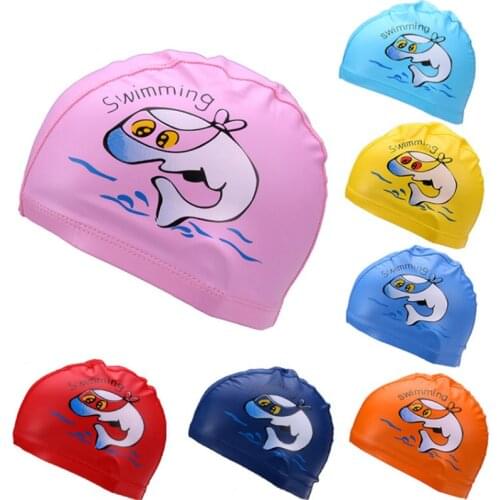 Swimming Pool Cap Kids Cartoon Dolphin Waterproof Boys Girls Ear Plug Protect PU Diving Hat Children Swim Caps