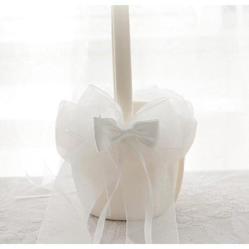 Wedding Basket Flower Girl Basket For Ceremony Wedding Decoration Yarn Ribbon Bowknot Satin Basket Storage Basket Container Gift