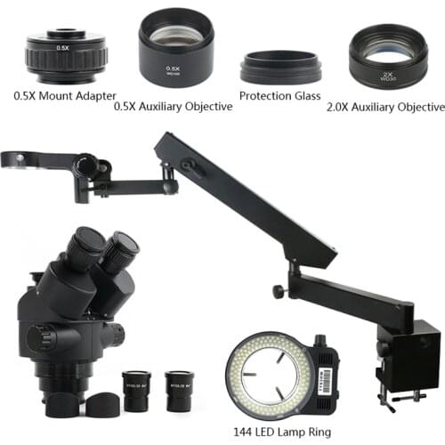 Simul Focal Zoom 7X-45X Articulating Arm Clamp Trinocular Stereo Microscope+0.5X 1X 2X Objective Lens+0.5X Adapter+144 LED Light