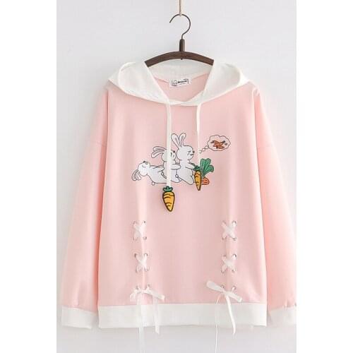 Lolita Sweet Girls Pink Hooded Hoodies Women Kawaii Anime Bunny Print Sweatshirt 2021 Cute Fashion Lace Up Long Sleeve Pullover