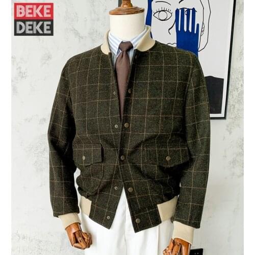 Vintage Wool Coat Mens Stand Collar Bomber Jackets British Style Outerwear Slim Long Sleeve Single Breasted Classic Plaid Jacket