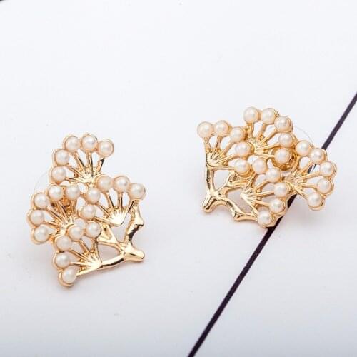 Full Small Simulated Pearl Beads Pine Tree Women Metallic Golden Silver Plated Stud Earrings