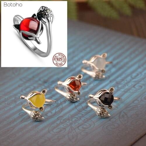 100% 925 Sterling Silver color Fox Ring Natural Yellow Green White Stone Thai Silver color Adjustable Rings for Women Jewelry