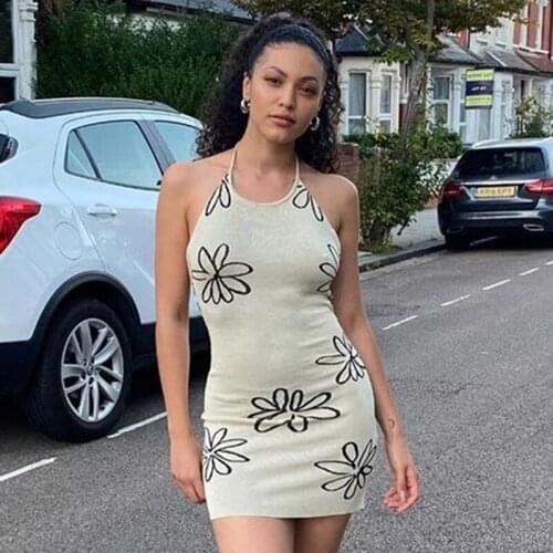 Womens Print Halter Slim Dress with Backpack Hip Woolen Sling Strap White