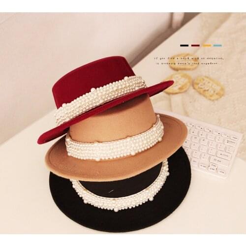 2021 Fashion Autumn Children Girls Vintage Bowler Hat Cute Princess Kids Solid Color Wide Brim Pearl Flat-top Caps