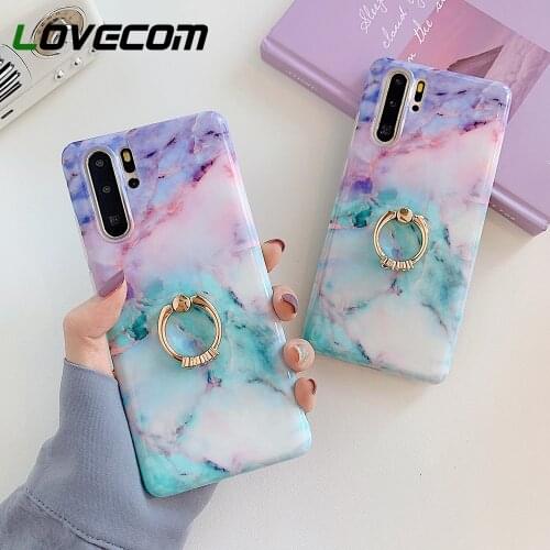 LOVECOM Gradient Marble Case With Finger Ring For Samsung Galaxy S20 10 9 8 Note 20 Ultra 10 9 8 Case Soft IMD Phone Back Cover