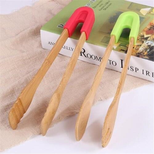 Wooden Salad Cake Snack Clip Grip Bamboo Food Toaster Tongs Silicone Handle Bread Tongs Kitchen Tools Clamp