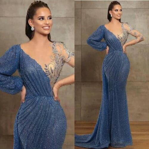 Sparkle Evening Dresses With Skirt Long Sleeve Sequins Illusion Appliques Mermaid robe de soirée de mariage ​Evening Gown Long