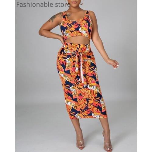 Women O-Neck Sleeveless Print Top & High Waist Tied Midi Skirt 2 Piece Set