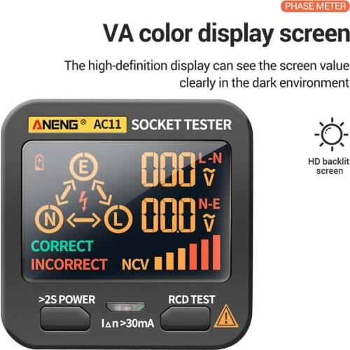 ANENG AC11 Socket Tester Electric Leakage Detector LCD Ground Zero Line Live Wire Phase Electroscope RCD NCV Electric Tester