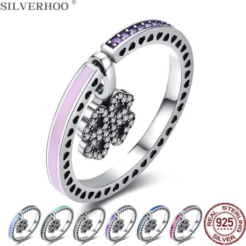 SILVERHOO Sterling Silver 925 Jewelry Hollow Vintage Ring Colorful Heart Shape Cubic Zirconia Finger Rings For Women Party Gift