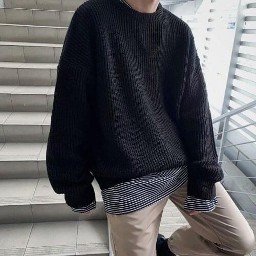Korean Sweater Men Crewneck Sweater Knitted Pullover Casual Street Fashion Solid Color Mens Jumper Autumn Tops Men Clothes